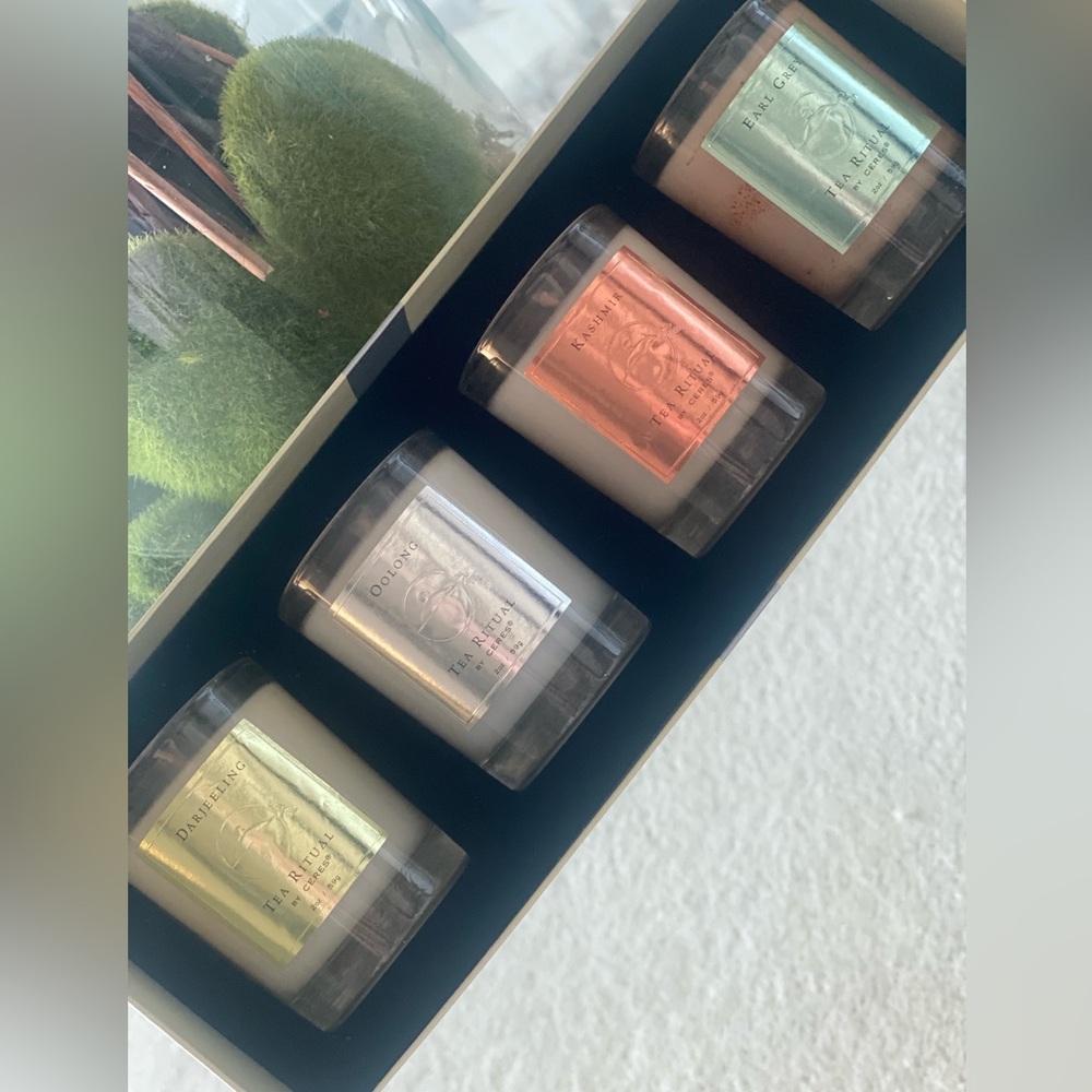 TEA SCENTED CANDLES .  SCENTS ARE DARJEELING, KASHMIR, OOLONG & EARL GREY